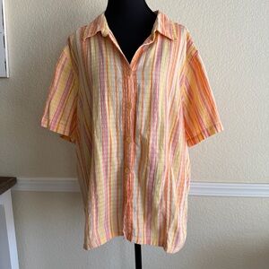 Erika Woman Multicolor Striped Button Down Blouse 2X Cotton Lightweight Summer